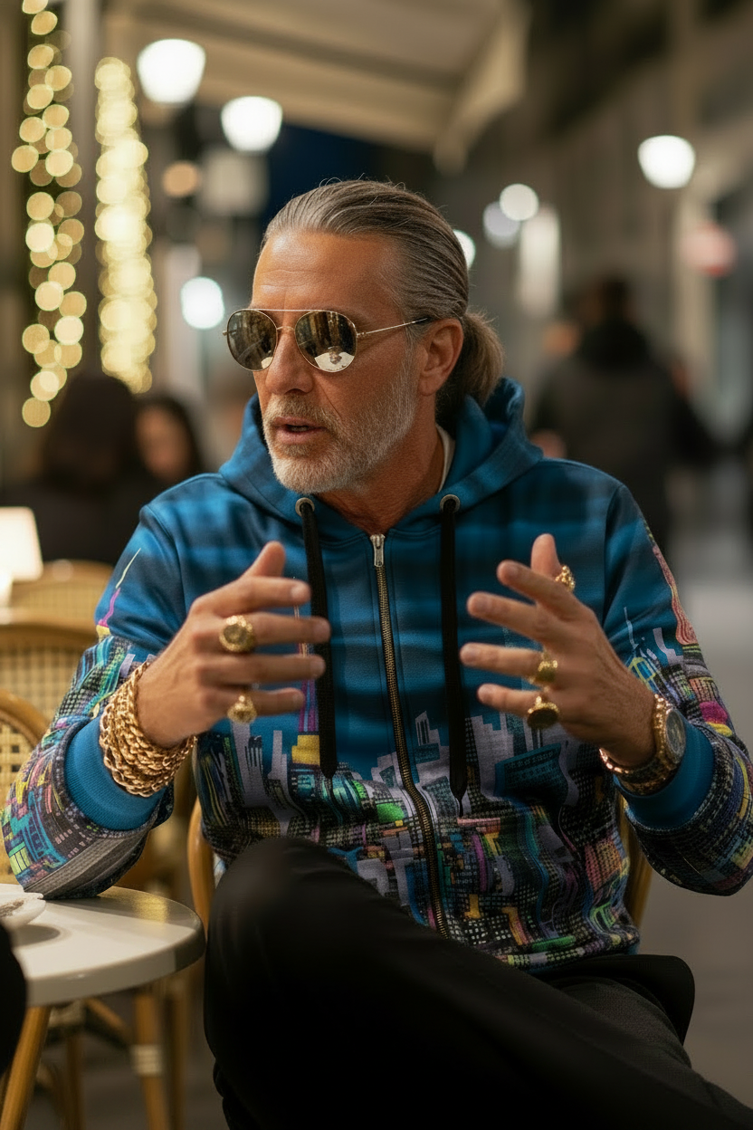 Man wearing a Loria NYC Art colorful hoodie and sunglasses sitting in a cafe with blurred background