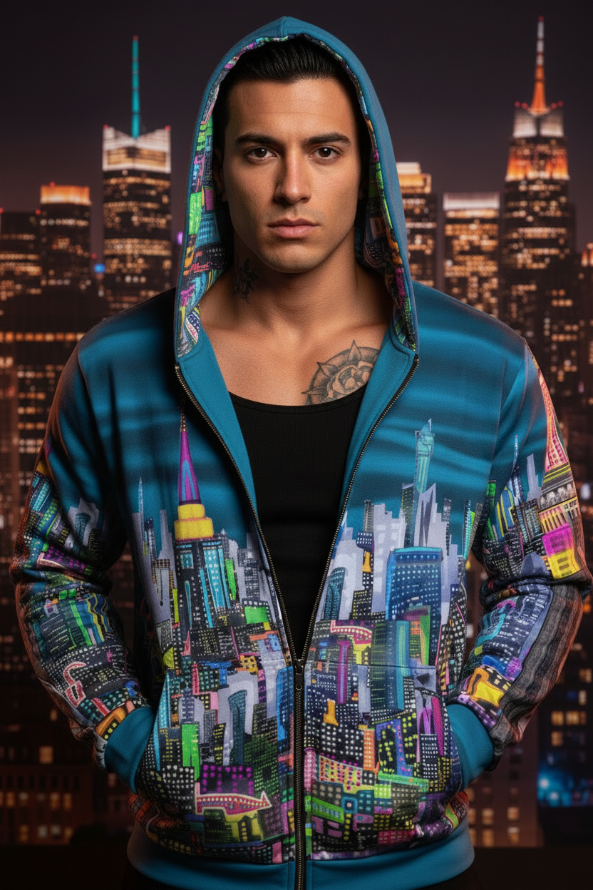 Person wearing a colorful Loria NYC Art hoodie with cityscape design against a city skyline backdrop