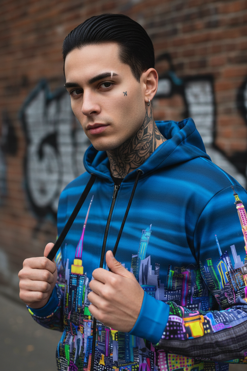 Person wearing a blue hoodie with a colorful Loria NYC Art cityscape design against a brick wall.