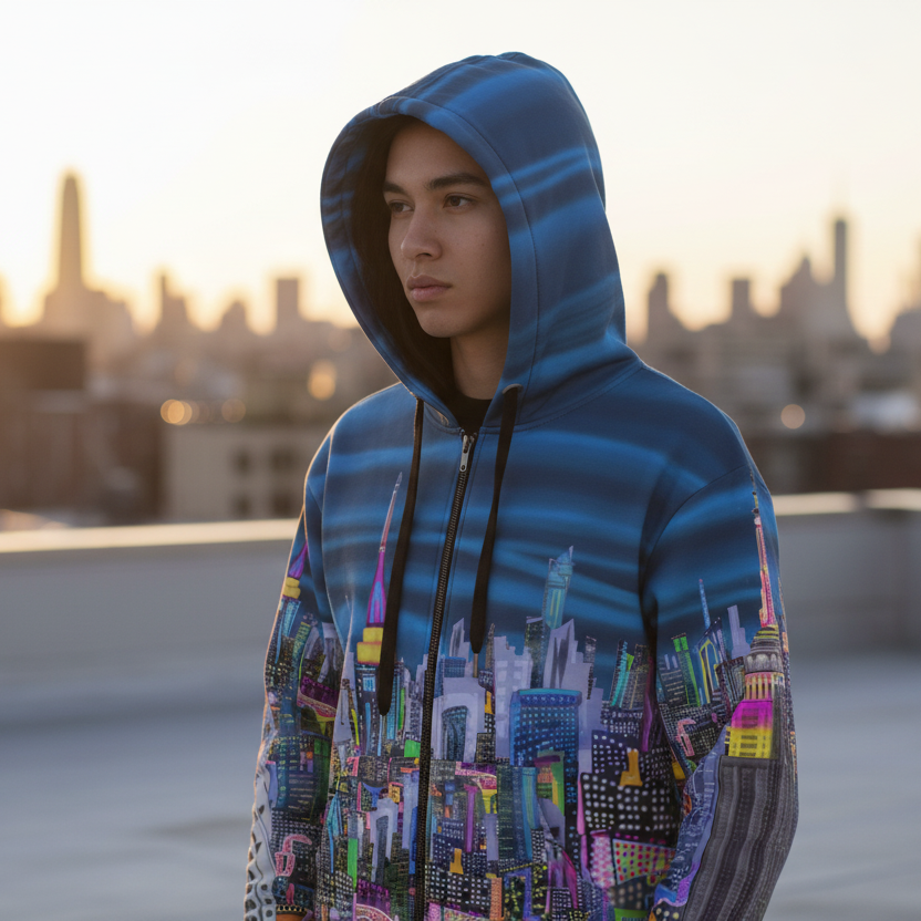 Person wearing a colorful Loria NYC Art hoodie with cityscape design on a rooftop at sunset.