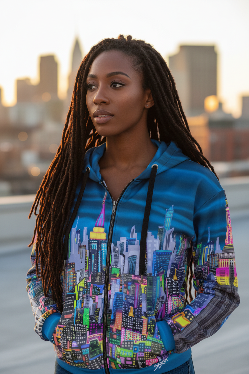 Woman wearing a colorful cityscape Loria NYC Art hoodie with a city skyline in the background