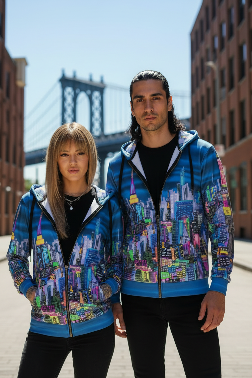 Two people wearing colorful hoodies with a cityscape Loria NYC Art design, standing in an urban setting with a bridge in the background.