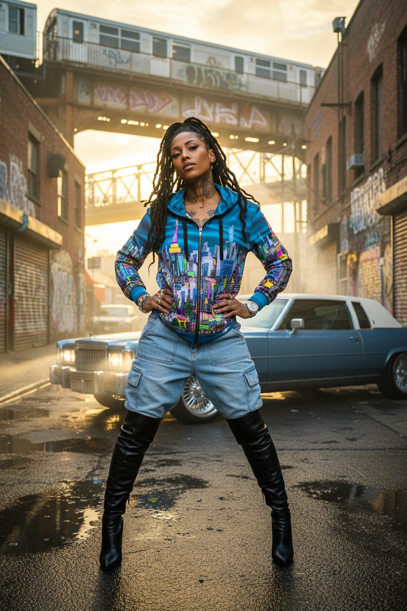 Woman in colorful Loria NYC Art jacket and cargo shorts standing in an urban street with graffiti and a train in the background.