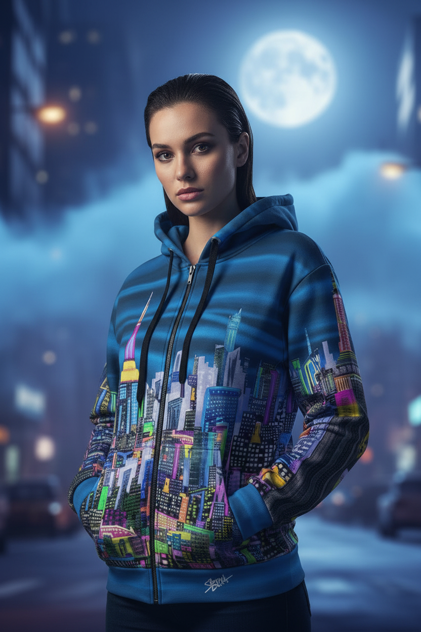 Women wearing a blue colorful Loria NYC Art hoodie with a moon lit background 
