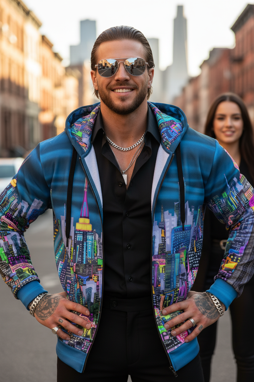 Man wearing a colorful hoodie with cityscape Loria NYC Art design on a street.
