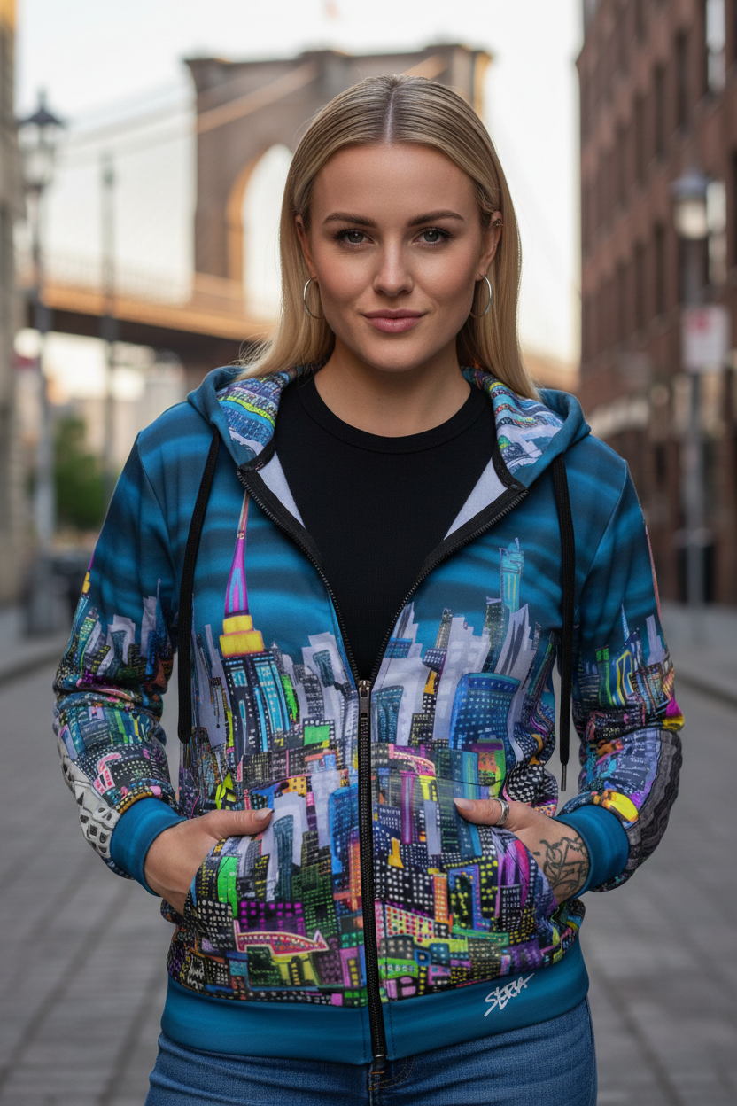 Woman wearing a colorful Loria NYC Art cityscape hoodie in an urban setting