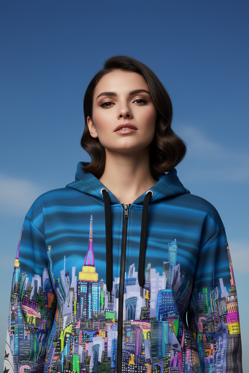 Woman wearing a blue hoodie with colorful cityscape Loria NYC Art design against a blue sky.