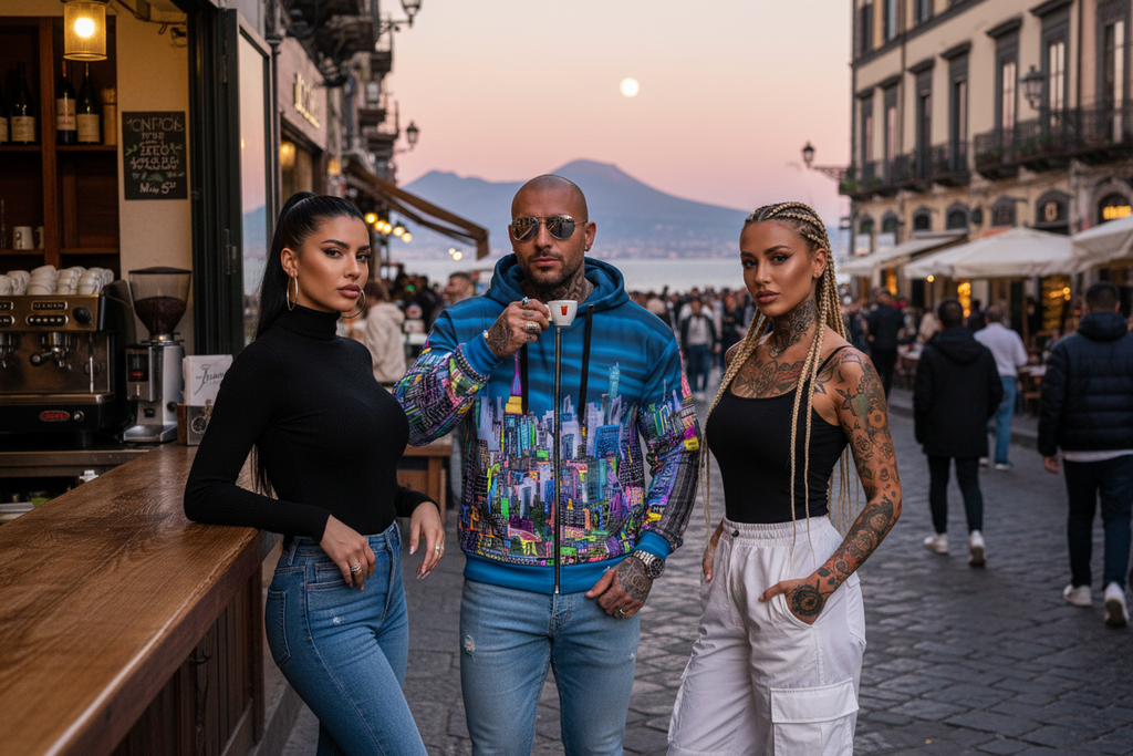 Three people standing on a street with one wearing a blue Loria NYC Art hoodie with mountains in the background