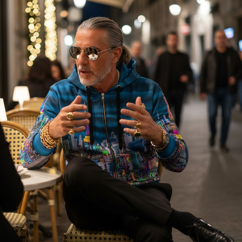 Man in colorful Loria NYC Art jacket and sunglasses sitting at a table in an urban setting, engaged in conversation.