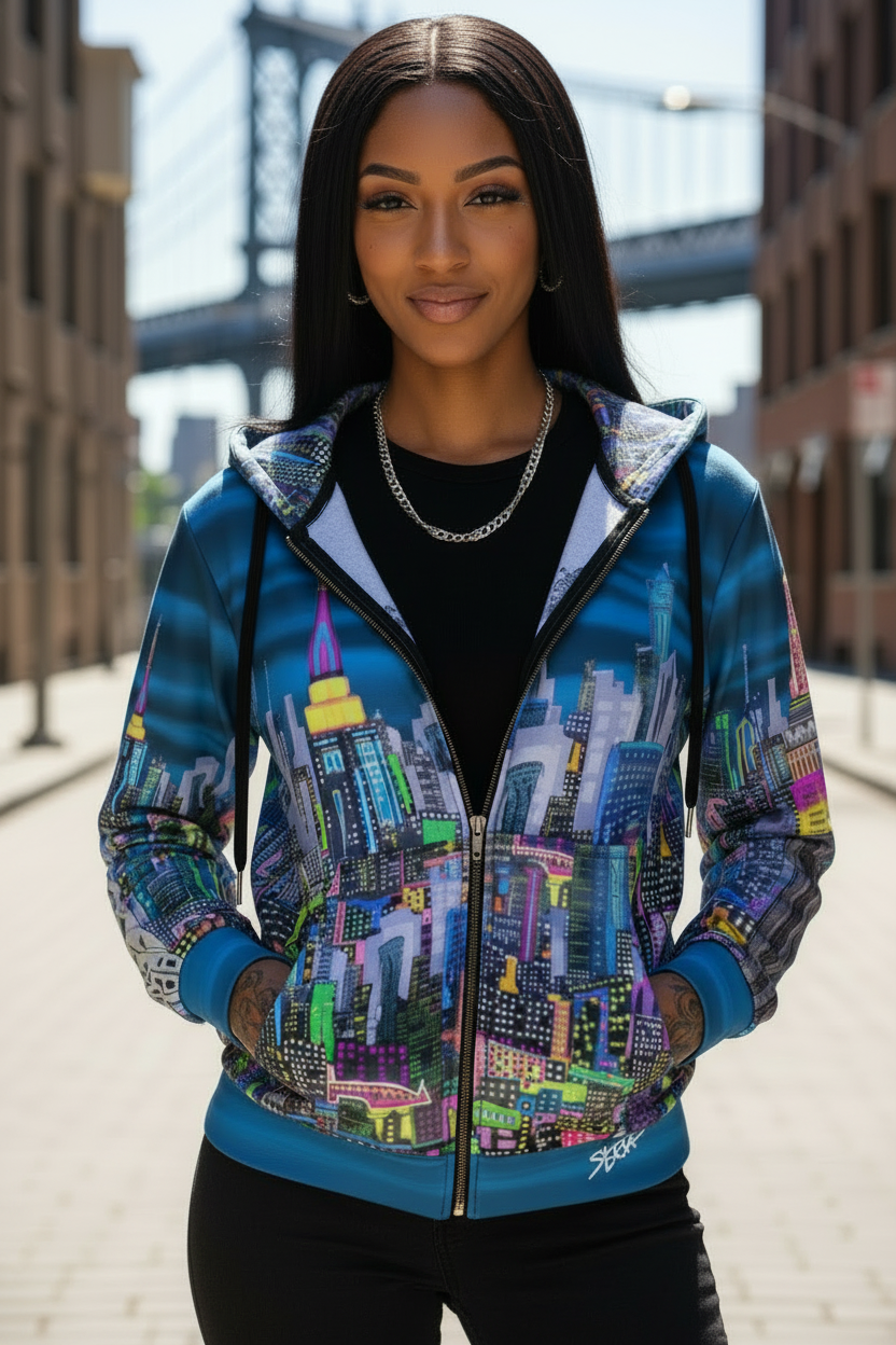 Woman wearing a colorful Loria NYC Art cityscape hoodie with a blurred background