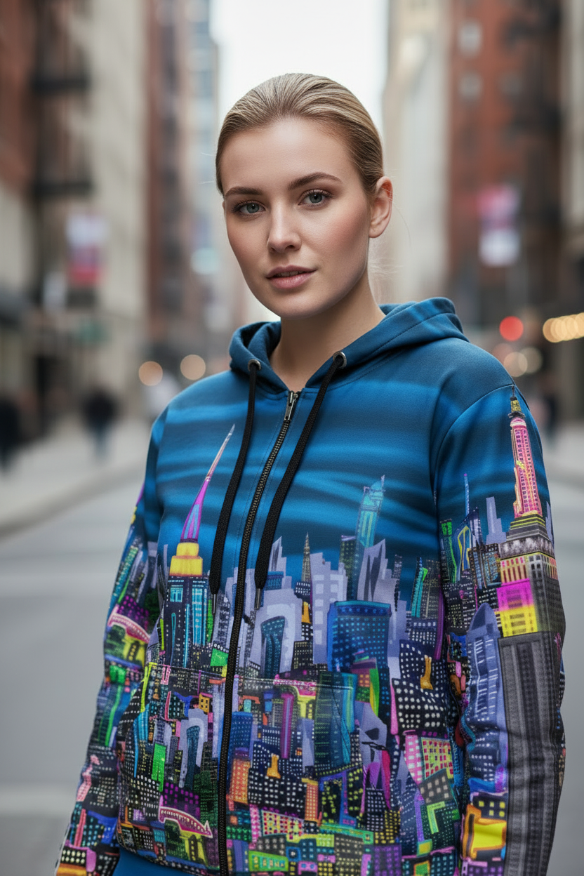 Woman wearing a colorful Loria NYC Art cityscape hoodie on a city street