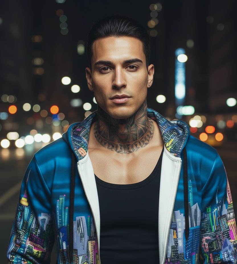 Man with tattoos wearing a Loria NYC Art colorful jacket against a cityscape background
