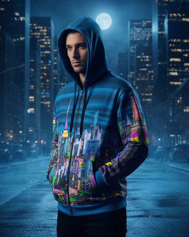 Person wearing a hoodie with cityscape Loria NYC Art design on a rainy street at night.