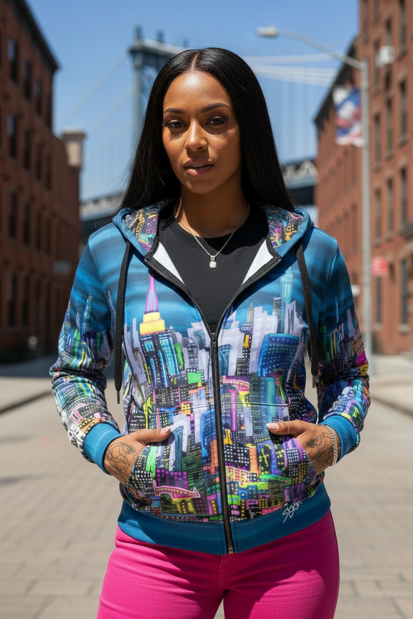 Woman wearing a colorful Loria NYC Art cityscape hoodie in an urban setting