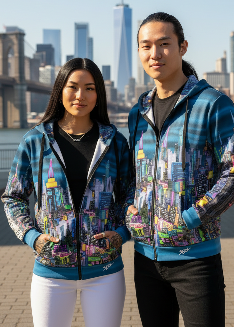 Woman wearing a colorful Loria NYC Art cityscape jacket with a city skyline in the background