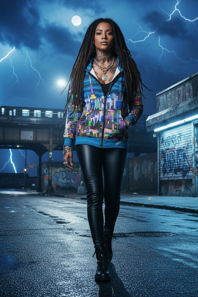 Woman walking on a street under a dramatic sky with lightning strikes win blue hoodie designed by Loria NYC Art