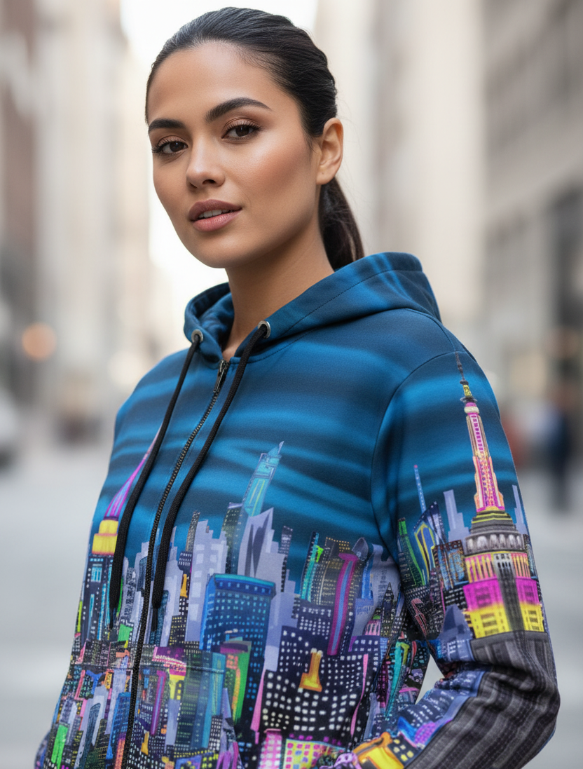 Woman wearing a blue hoodie with colorful cityscape Loria NYC Art design on a blurred street background