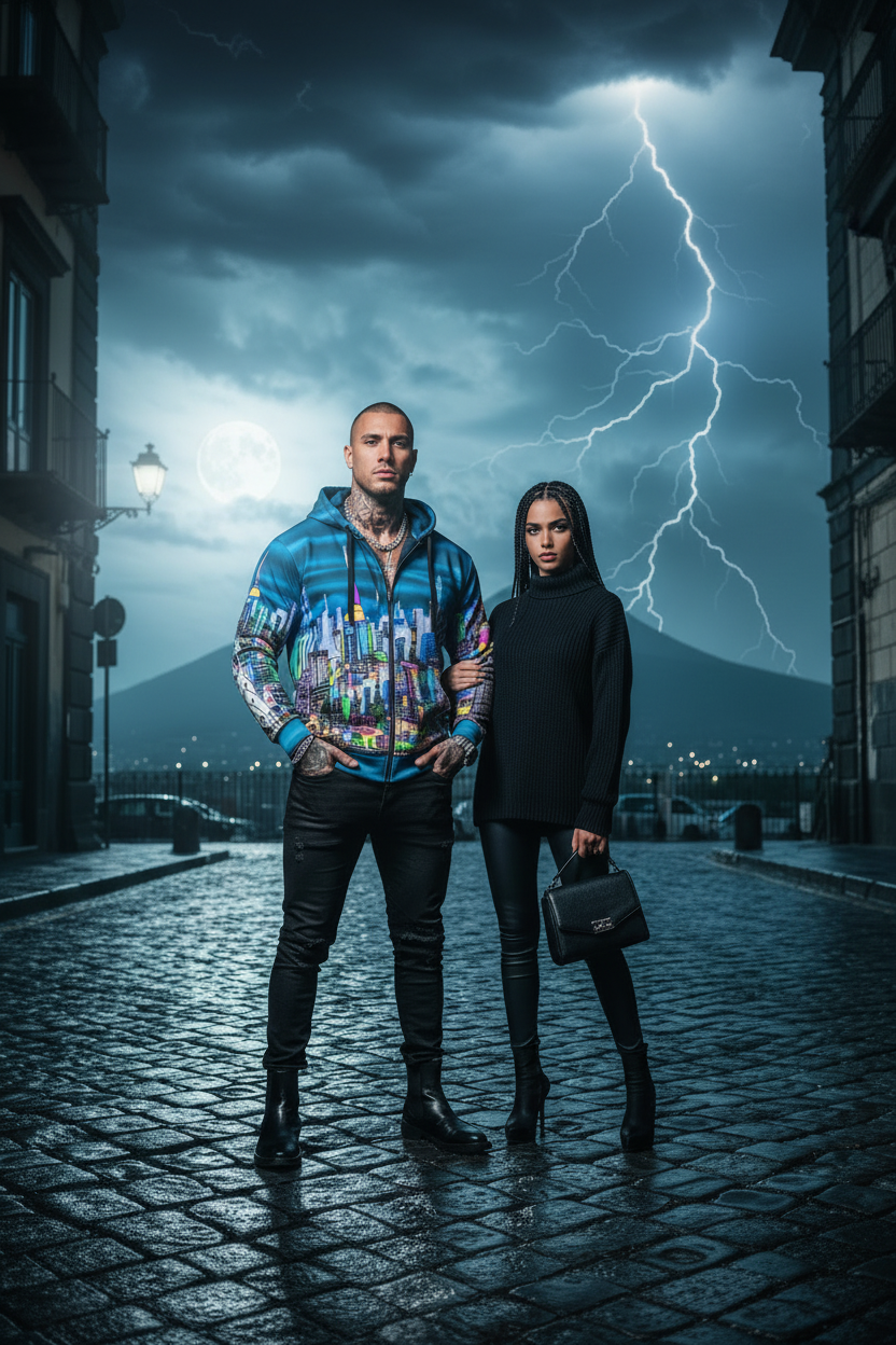 Two people standing on a cobbled street with man wearing a blue Loria NYC Art hoodie with a dramatic sky and lightning in the background