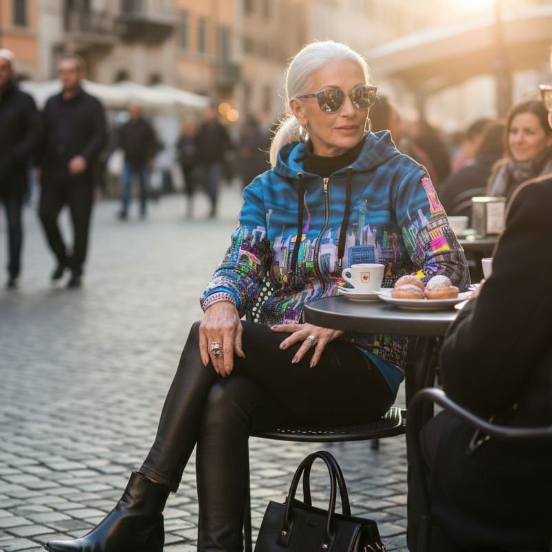 Woman wearing a colorful Loria NYC Art hoodie sitting at an outdoor cafe table in a bustling city street.