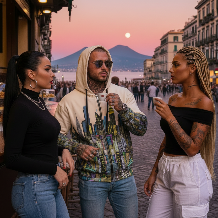 Man wearing colorful Loria NYC Art hoodie standing on a street with a mountain and sunset in the background