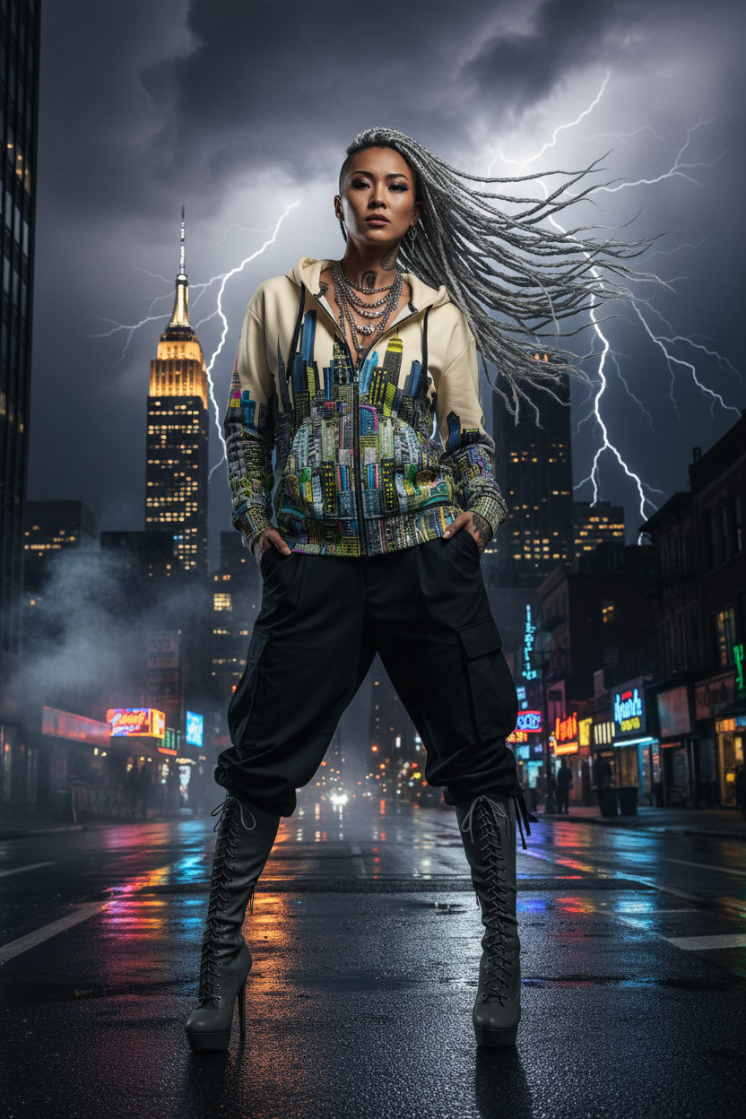 Person wearing a colorful Loria NYC Art hoodie standing on a city street with lightning and skyscrapers in the background