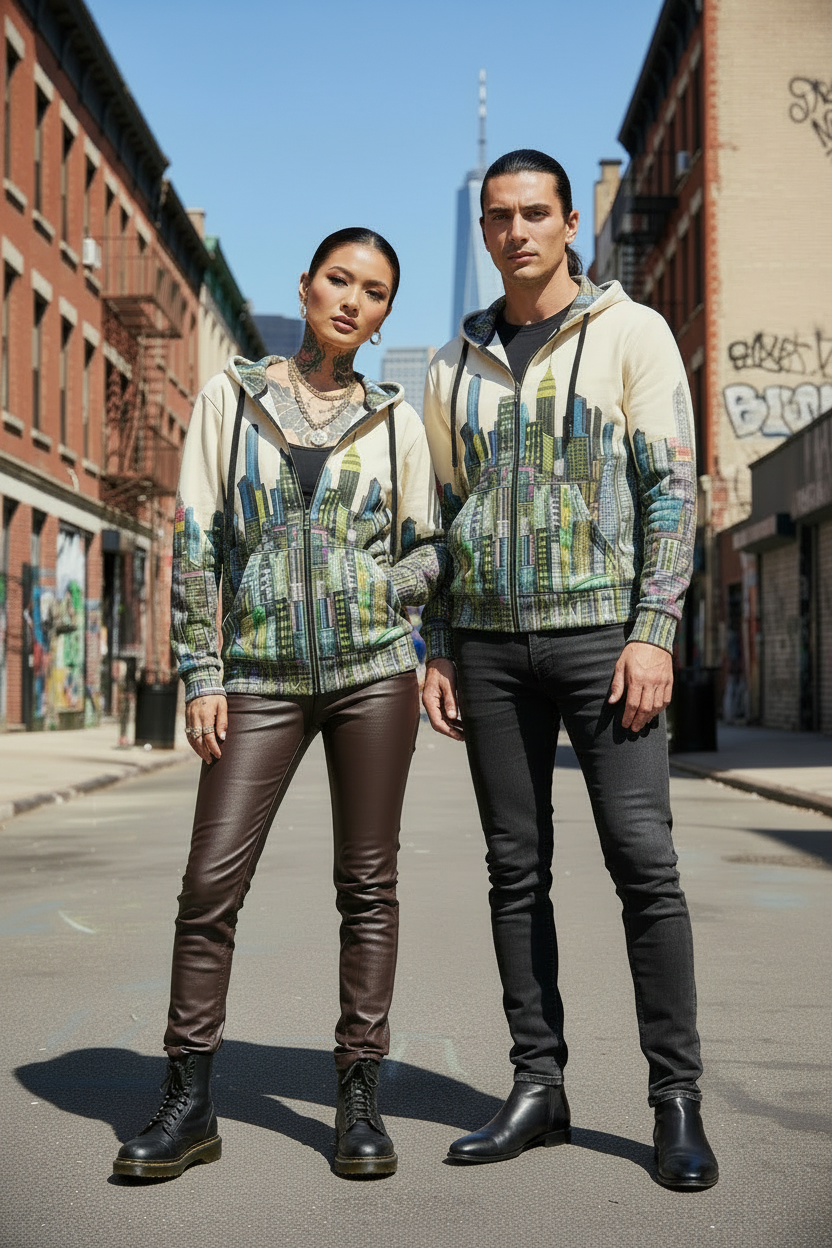 Two people wearing matching Loria NYC Art hoodies in an urban setting with a city skyline in the background.
