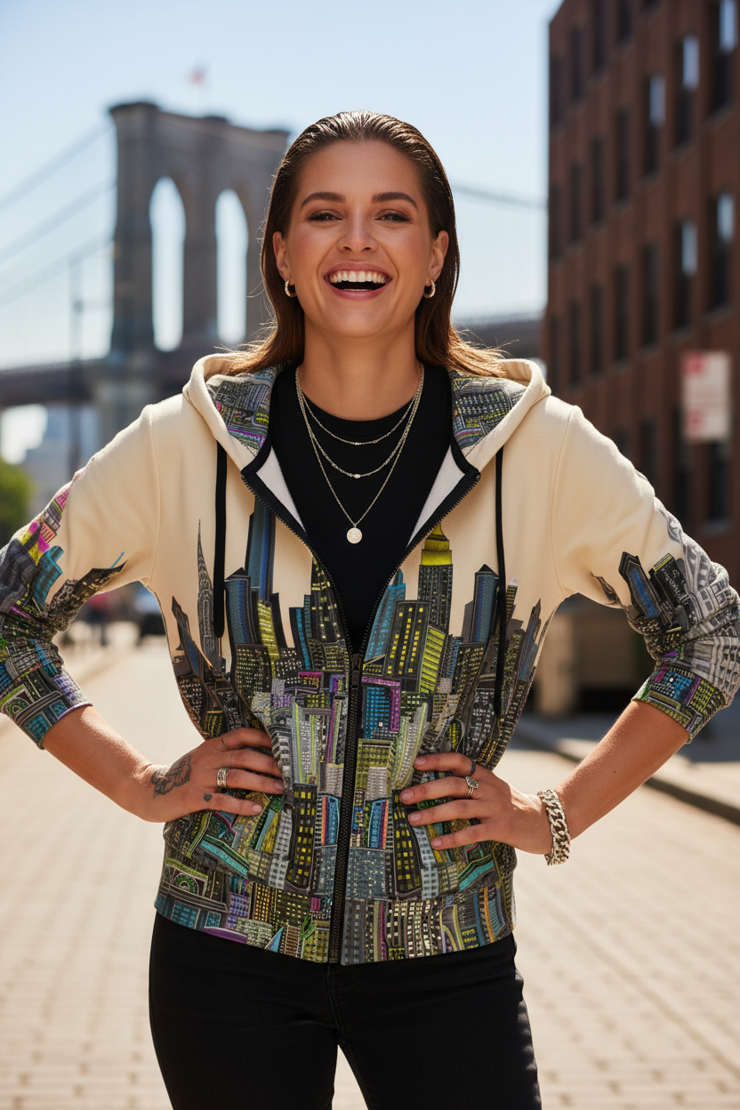 Woman wearing a colorful Loria NYC Art jacket with a blurred background of a bridge and buildings