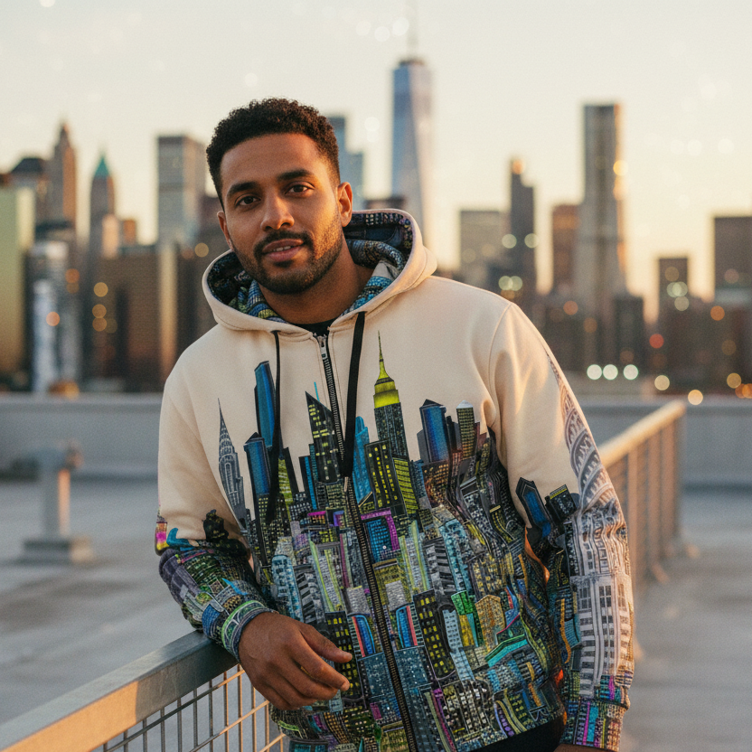 Man wearing a hoodie with Loria NYC Art cityscape design against a city skyline