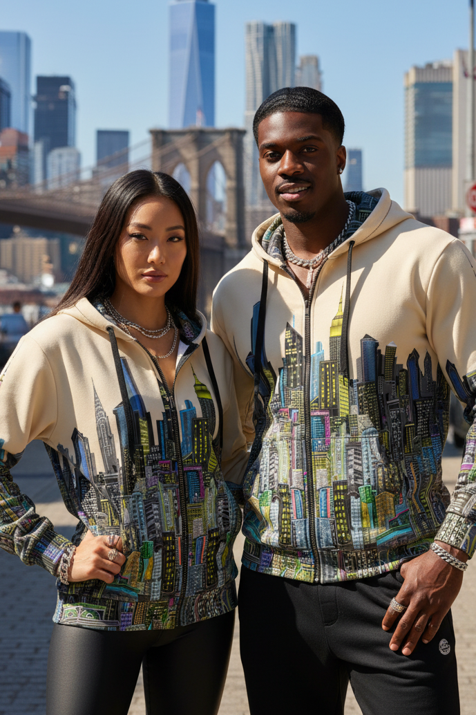 Two people wearing matching Loria NYC Art cityscape hoodies with a city skyline in the background.