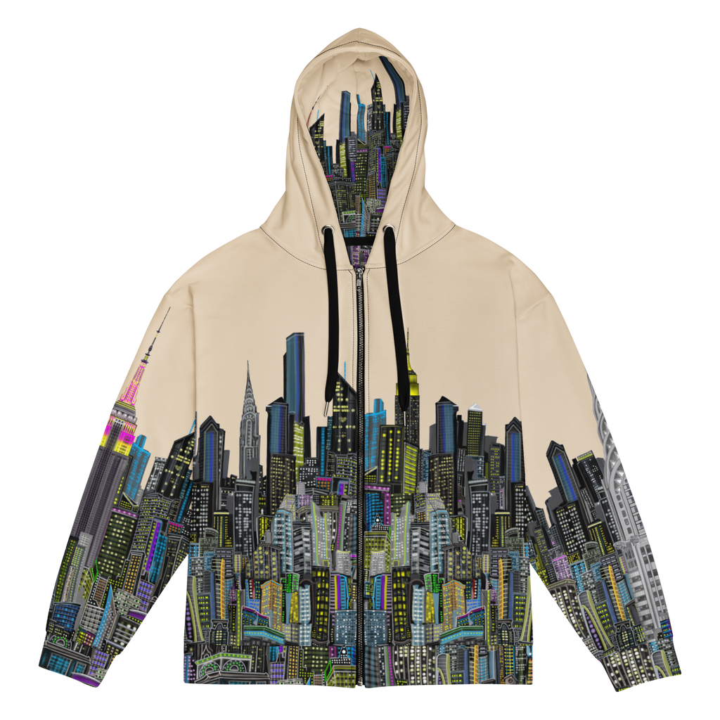 Beige hoodie with Loria NYC Art cityscape design on a white background
