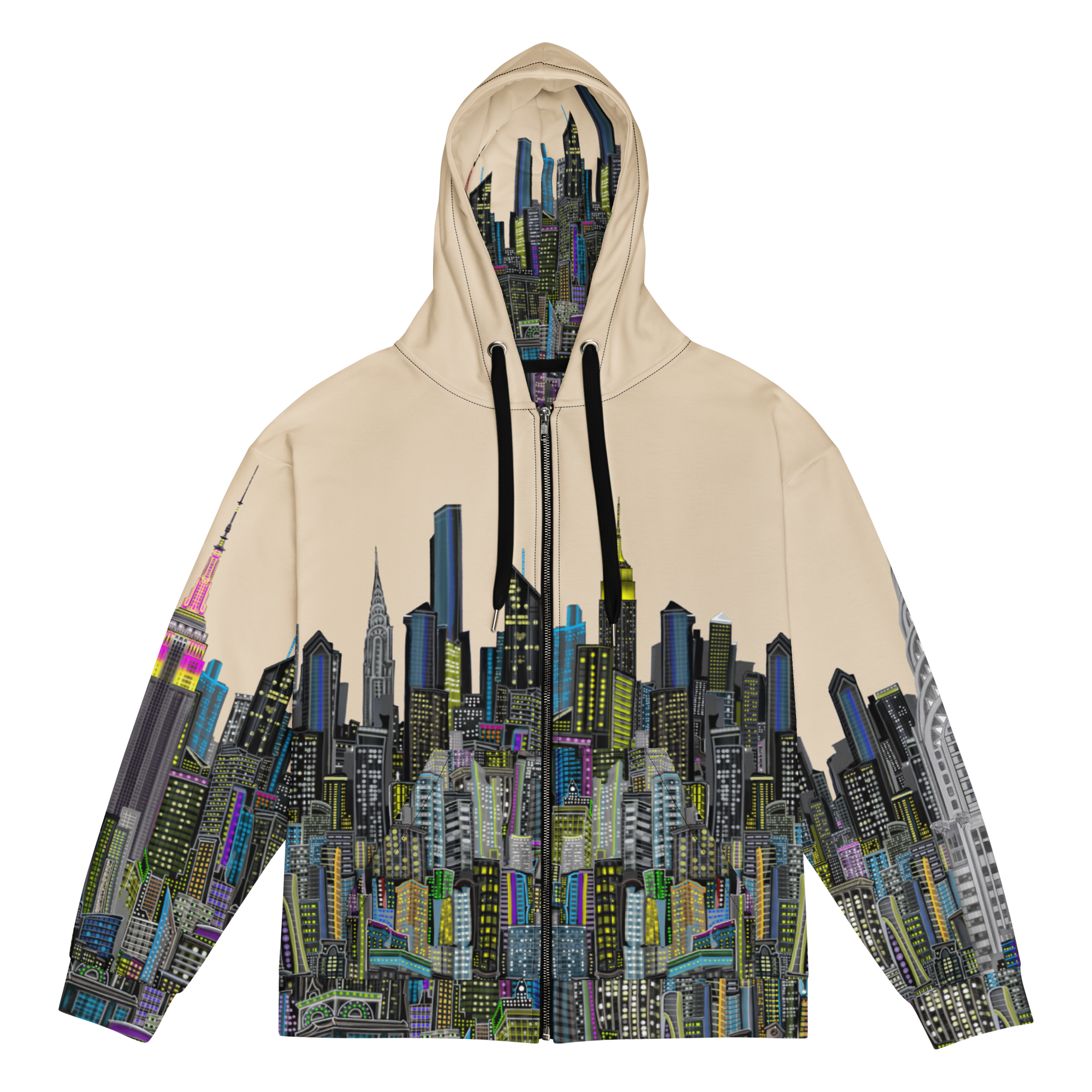 Beige hoodie with Loria NYC Art cityscape design on a white background