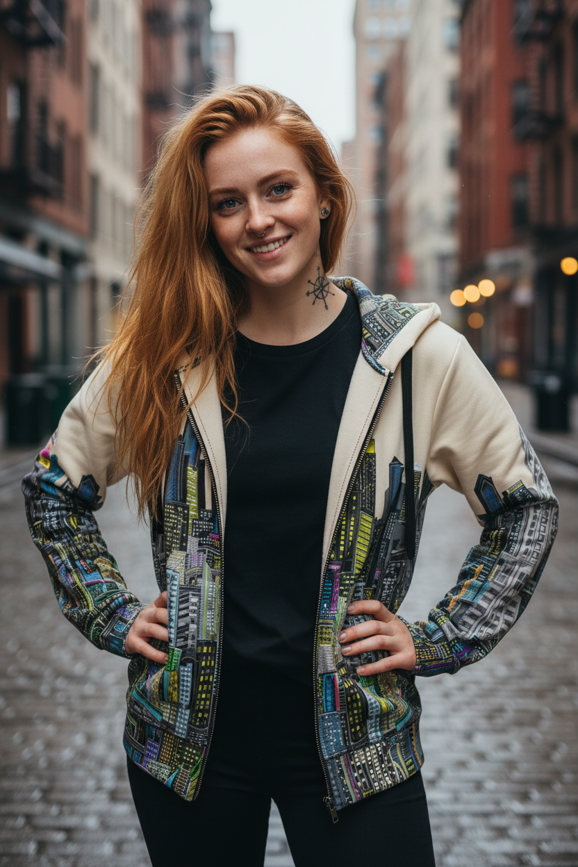 Woman wearing a colorful Loria NYC Art jacket with a blurred city street background