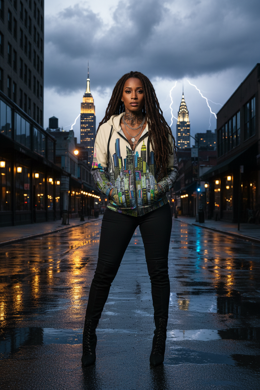 Woman wearing Loria NYC Art hoodie standing on a city street with lightning in the background