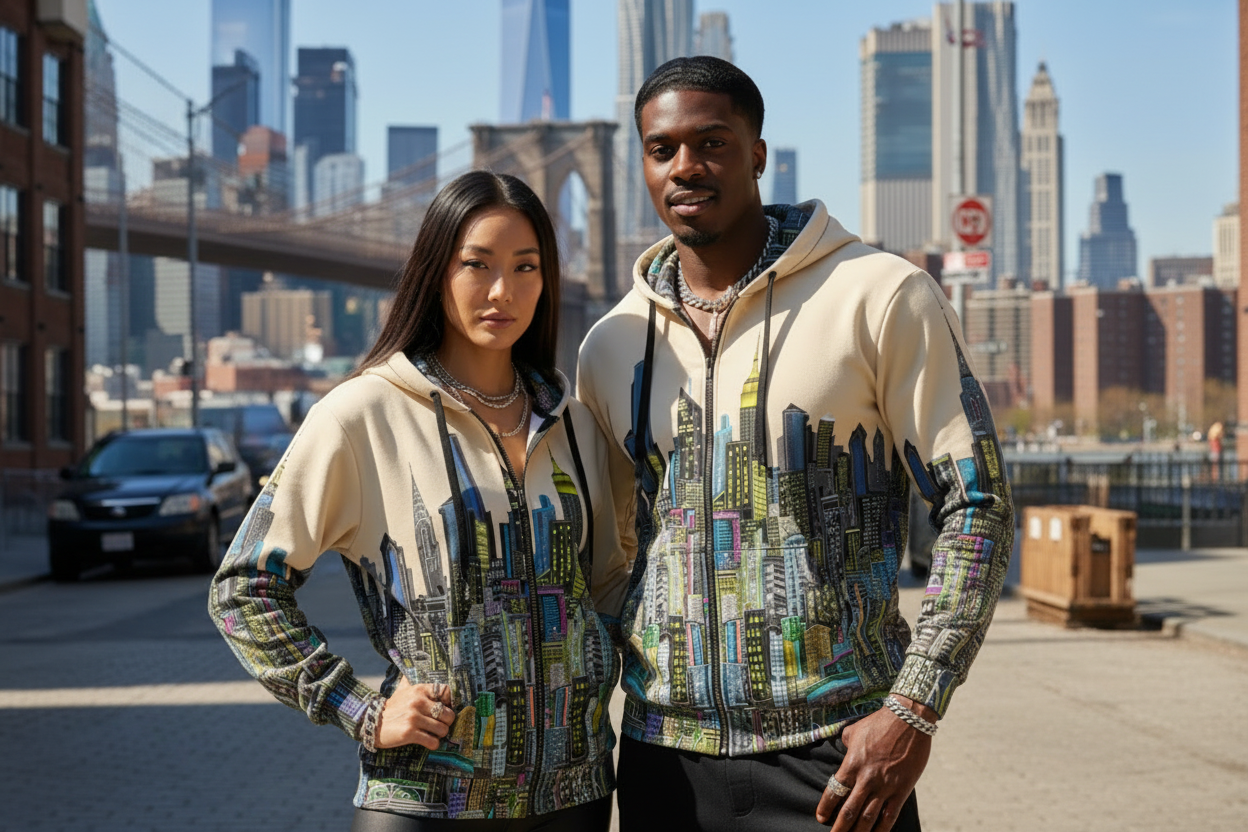 Two people wearing matching Loria NYC Art hoodies in a city skyline setting.