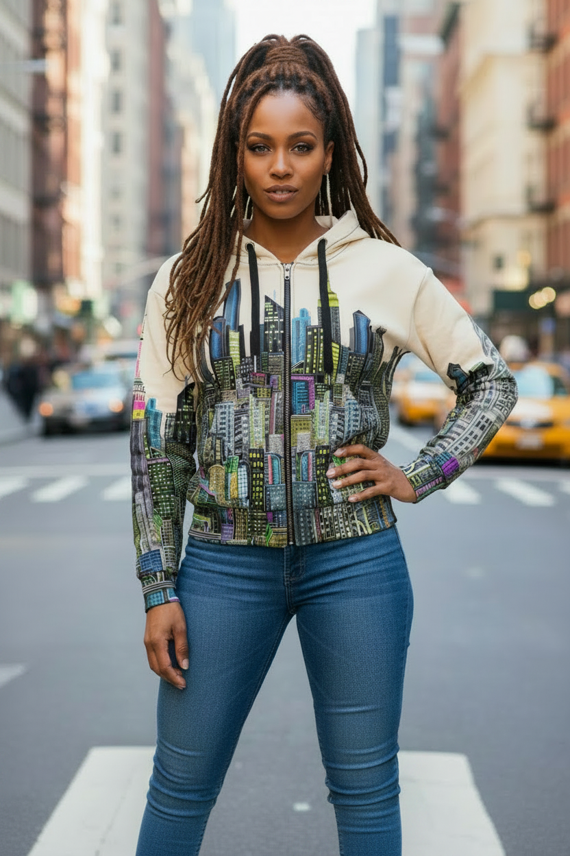 Woman wearing a colorful hoodie with cityscape Loria NYC Art design on a city street.