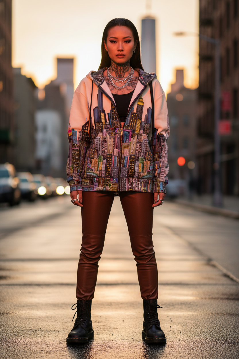 Person wearing a Loria NYC Art jacket and brown leather pants on a city street.