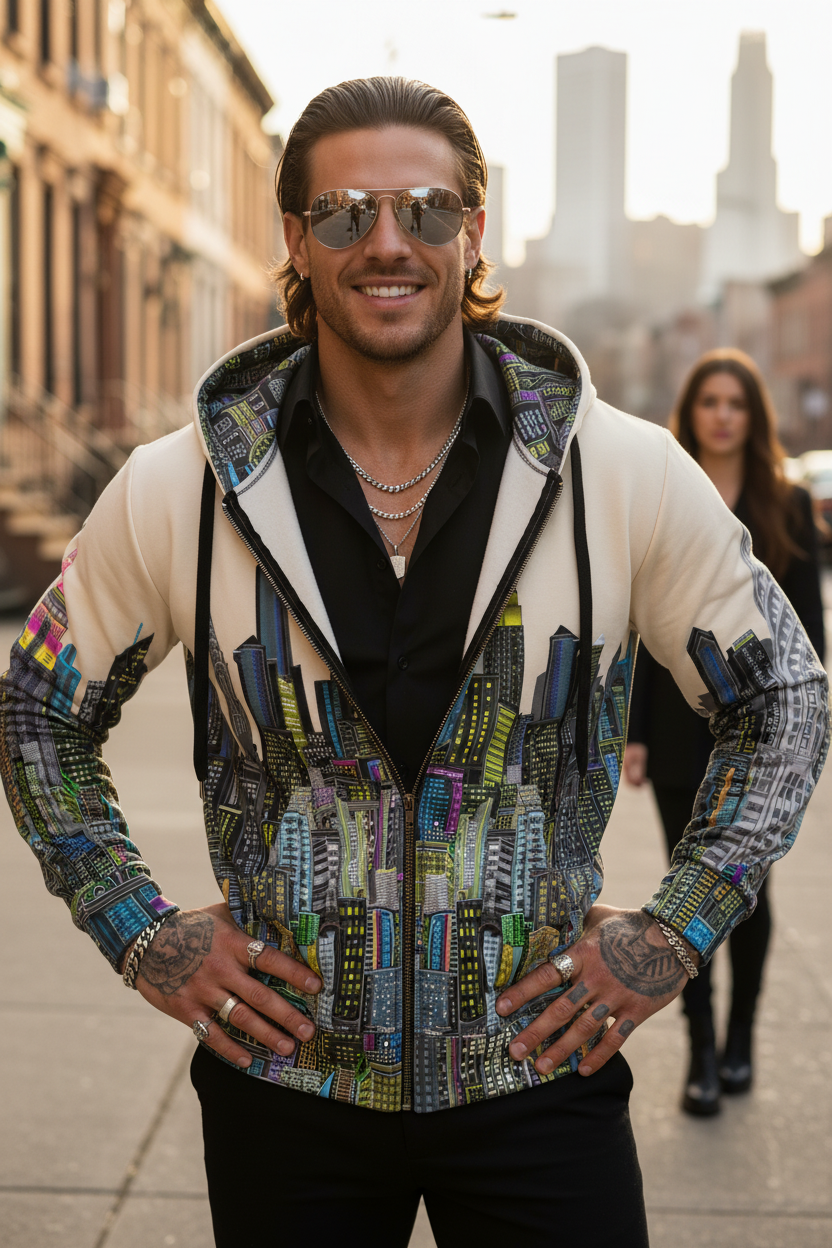 Man wearing a colorful Loria NYC Art jacket on a city street
