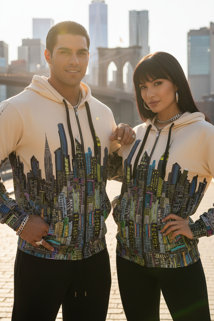 Two people wearing matching hoodies with cityscape Loria NYC Art design against a skyline background