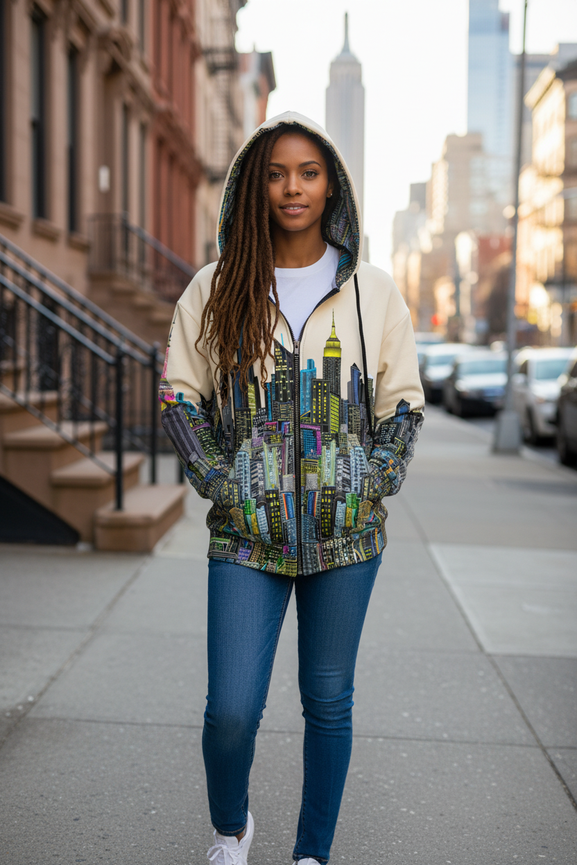 Woman wearing a colorful Loria NYC Art hoodie with a cityscape design on a city street.