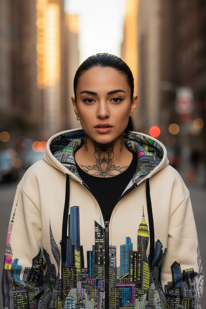 Person wearing a hoodie with Loria NYC Art cityscape design on a blurred street background
