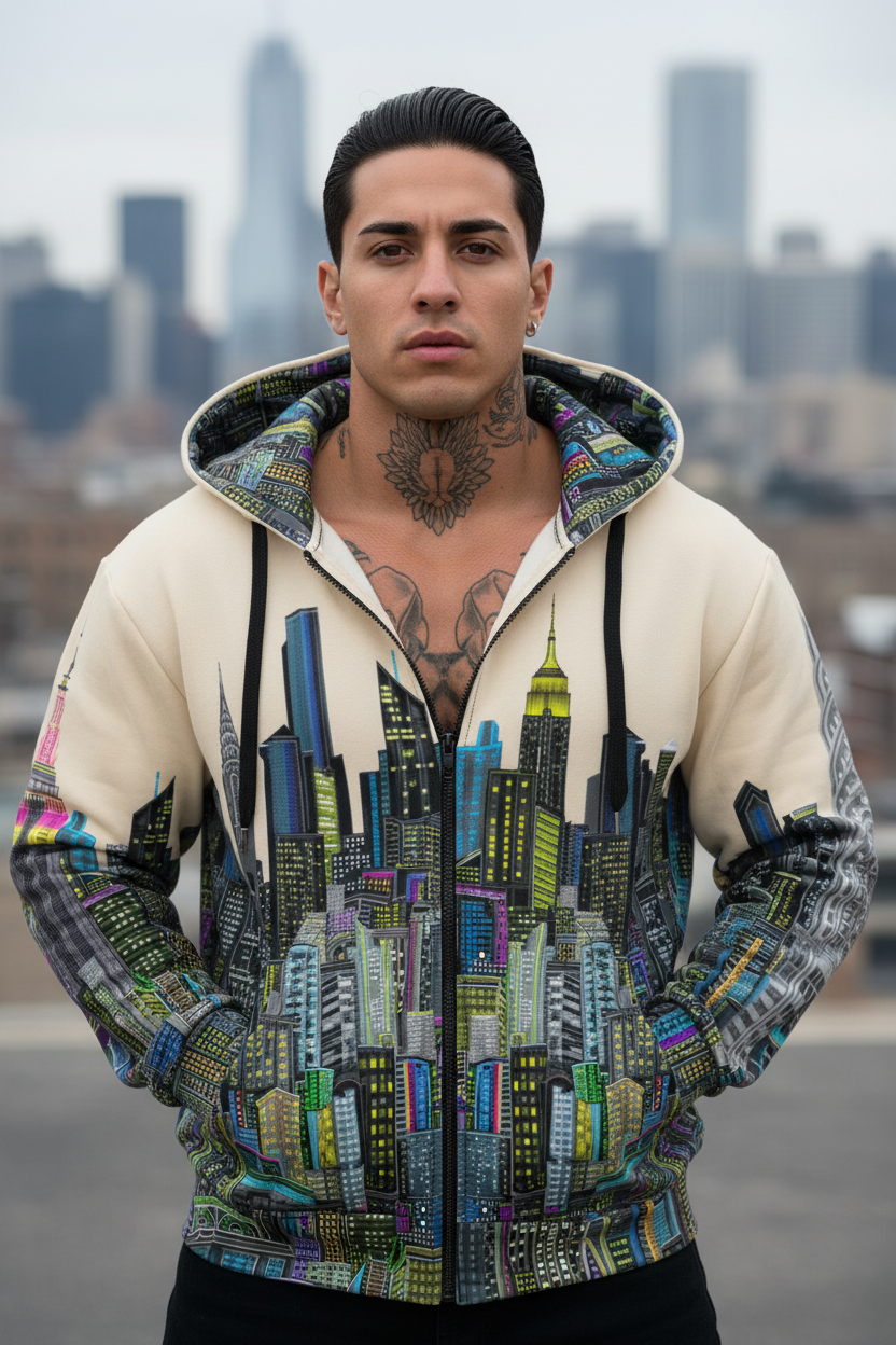 Man wearing a hoodie with Loria NYC Art cityscape design against an urban background