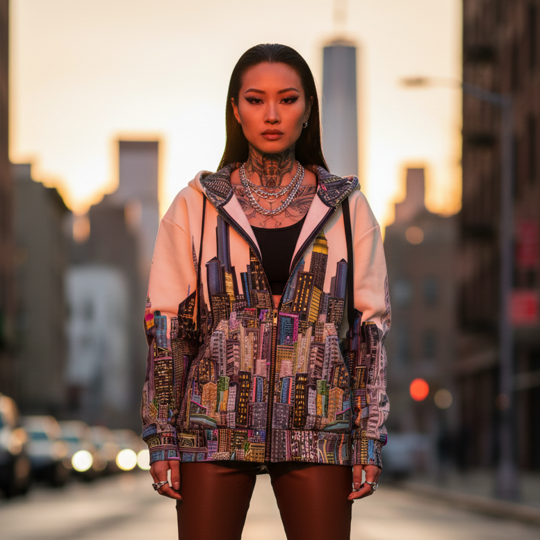Woman wearing a colorful Loria NYC Art jacket with a cityscape design on a blurred city street background