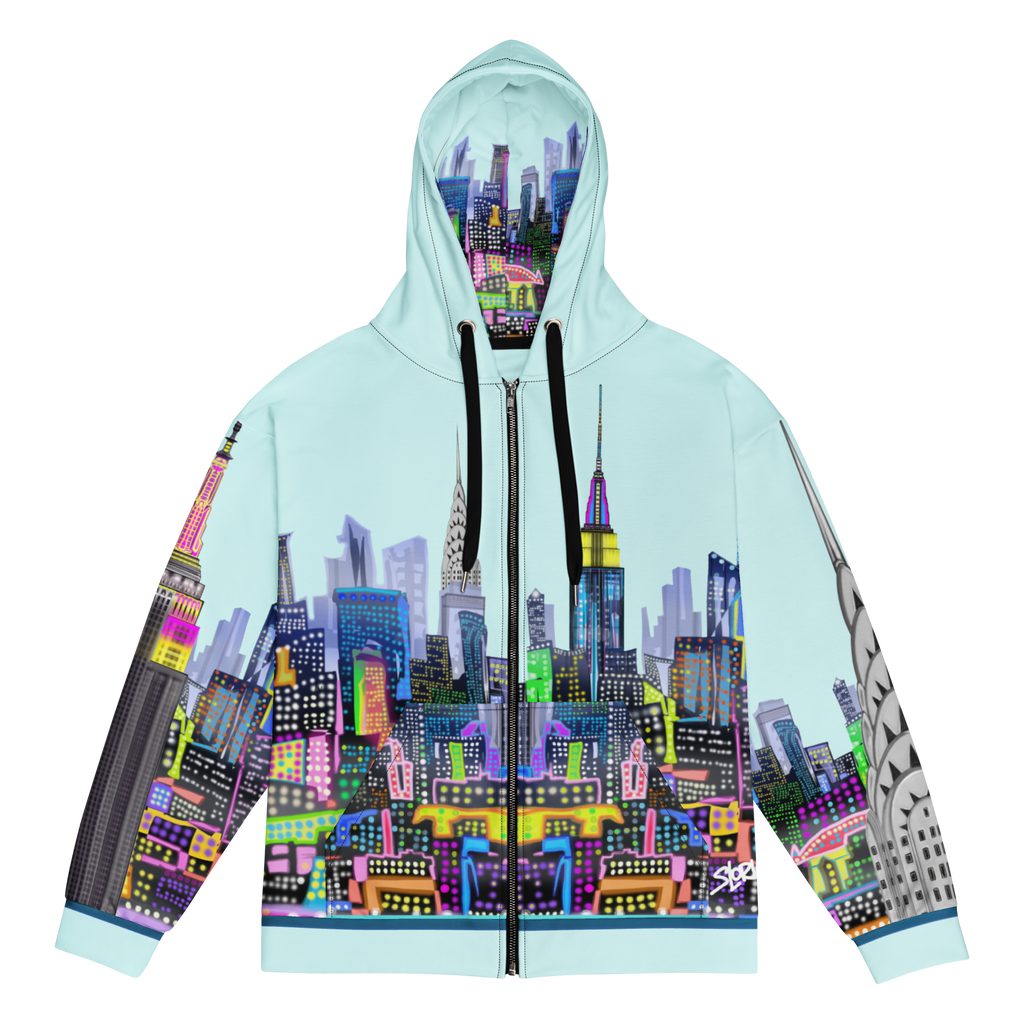 Hoodie with a colorful cityscape Loria NYC Art design on a light blue background