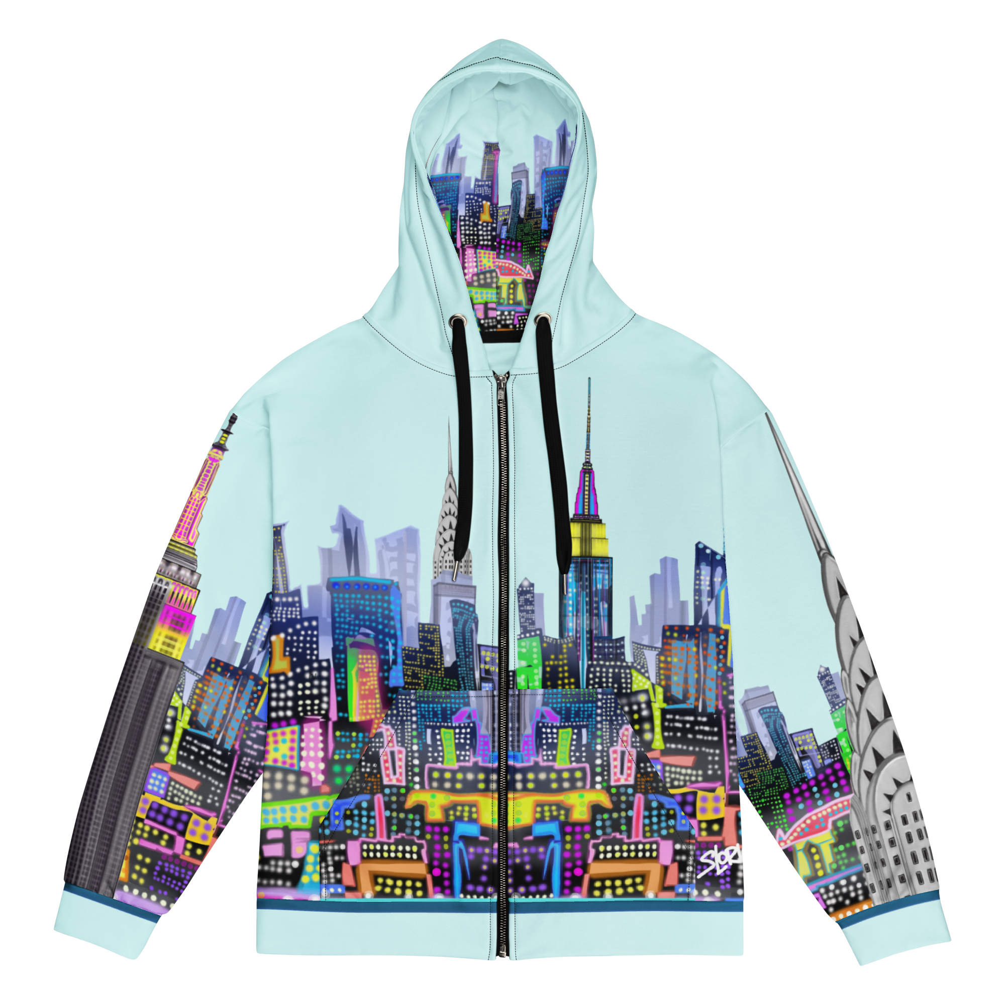 Hoodie with a colorful cityscape Loria NYC Art design on a light blue background