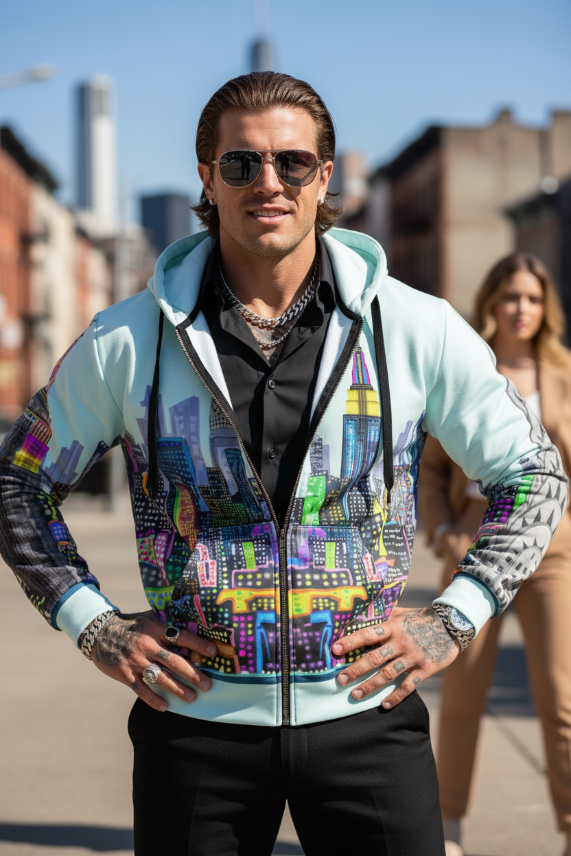 Man wearing a colorful jacket with cityscape Loria NYC Art design in an urban setting