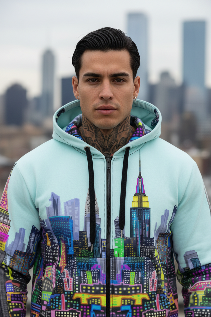 Person wearing a colorful Loria NYC Art cityscape hoodie with a blurred city skyline in the background