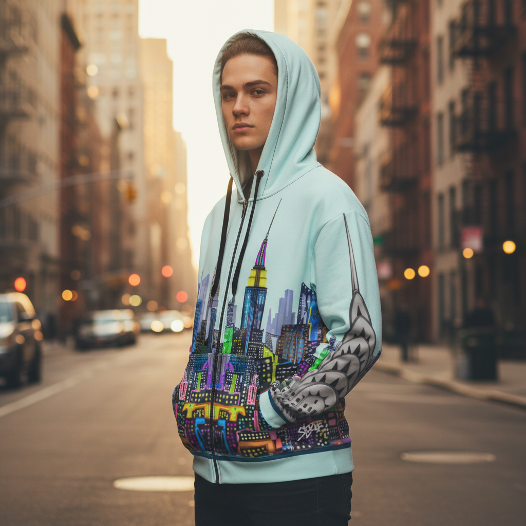 Person wearing a Loria NYC Art hoodie with a colorful cityscape design on a city street.