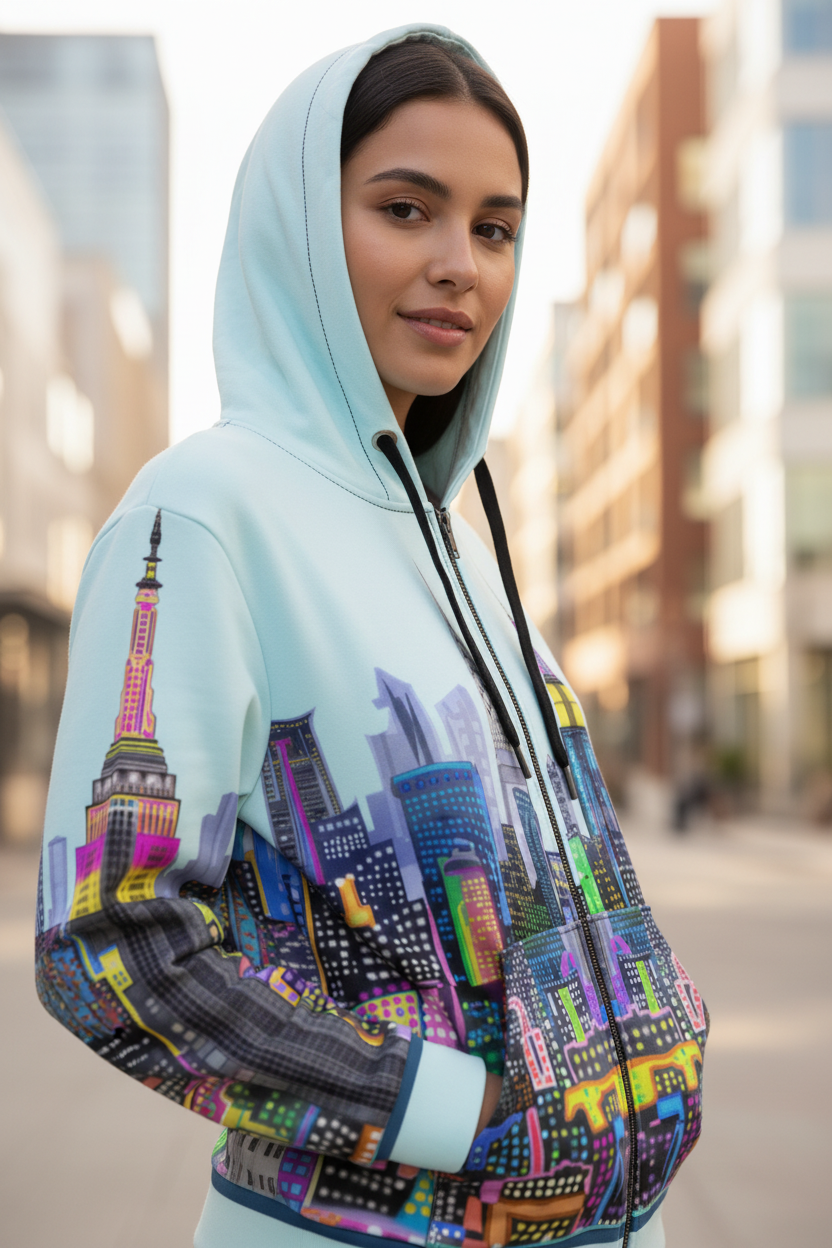 Person wearing a colorful Loria NYC Art cityscape hoodie with a blurred urban background
