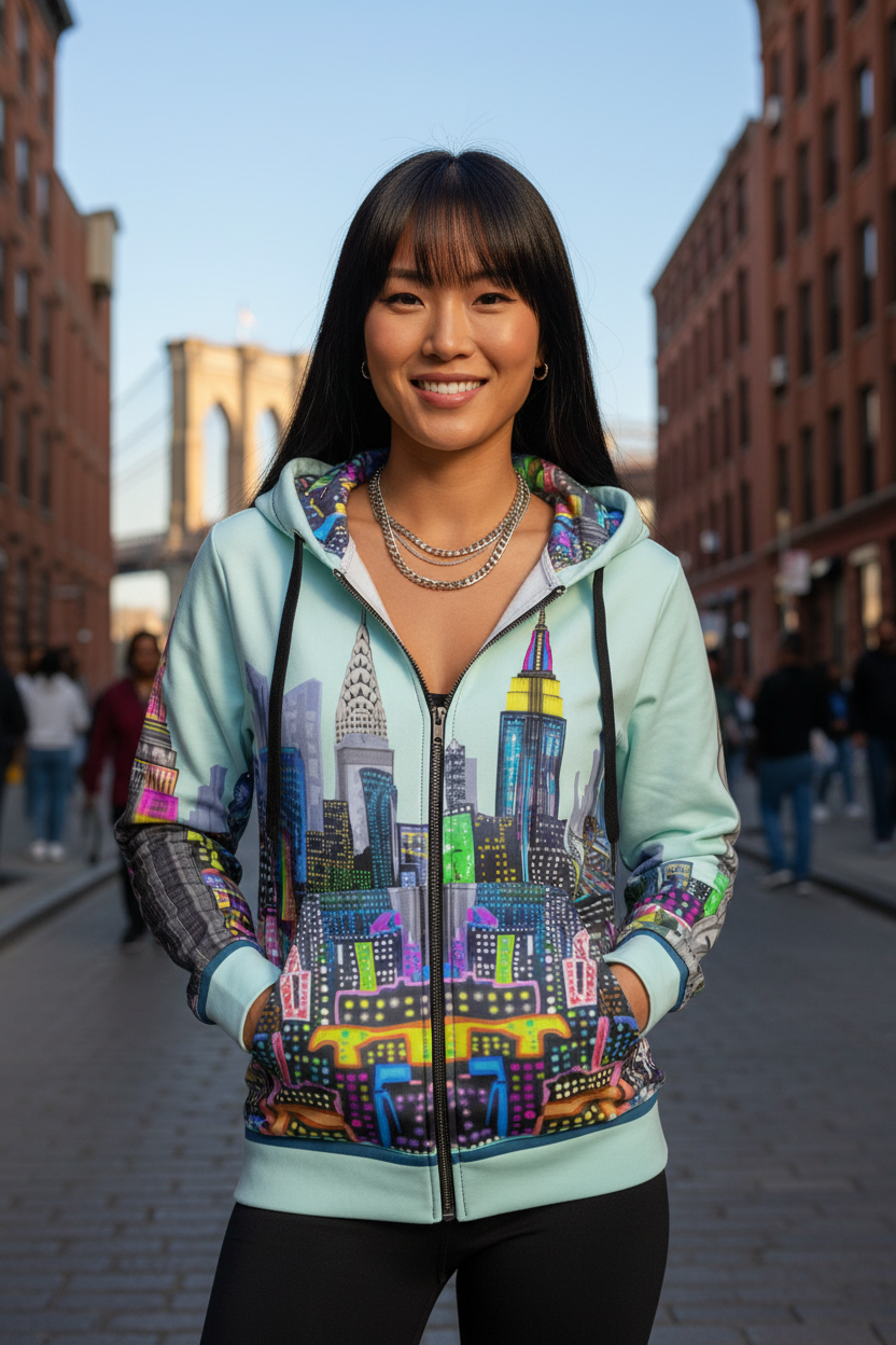 Woman wearing a colorful cityscape Loria NYC Art hoodie with the Brooklyn Bridge in the background