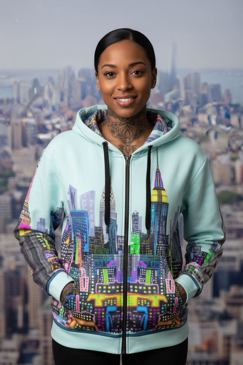 Person wearing a colorful Loria NYC Art cityscape hoodie with a city skyline in the background